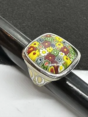 Vintage Murano Millefiori Glass Silver Tone Square Statement Ring 7.5 • $39.99