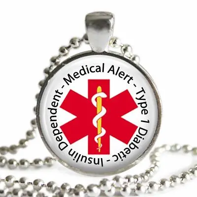 Type 1 Diabetic Insulin Dependent Medical Alert Necklace Glass Top Pendant Chain • $11.95