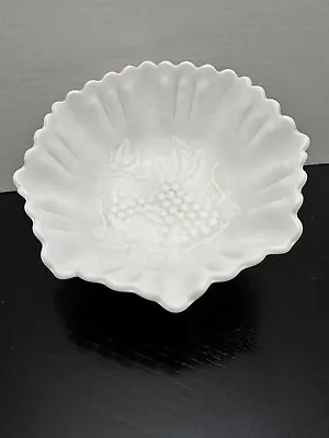 Vintage Imperial Glass Ruffle Scalloped Edge Milk Glass Grape Vine Fruit Bowl • $25