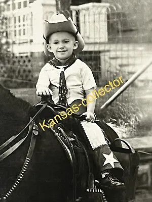 1955 Vtg Orig Photo: Boy Kid Cowboy Costume On Pony Horse Chaps Hat Bolo Saddle! • $9.99