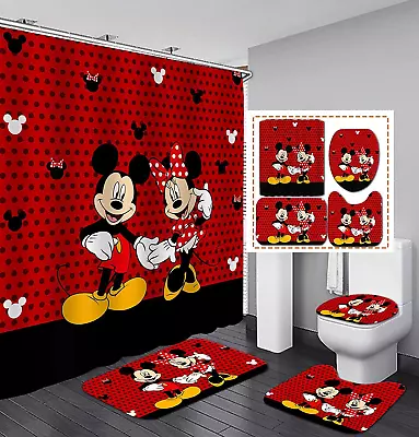 Cute Mickey Mouse Shower Curtain With Non-Slip Rugs Toilet Lid Cover Bath Mat • $34.99