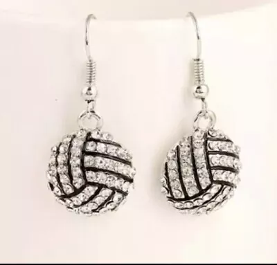 Silver Black Round VOLLEYBALL Sports Sparkling Crystal Dangle Earrings • $9.99