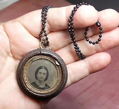 1870 Rare Vulcanite LOCKET Carved Cameo VICTORIAN LADY Tintype Under Glass Brown • $179.90