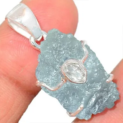 Aquamarine & Herkimer Rough Natural Sterling Silver Pendant • $37.40