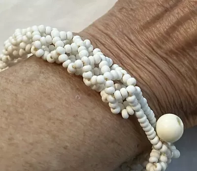 Bracelet Off-White Braided Beads Tan Thread Vintage Boho Loop Fastener • $9.05