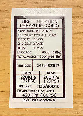 3000GT Stealth Tire Info Decal (17 ) Mitsubishi • $16.99