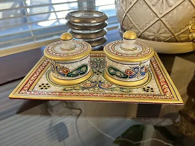 Decorative Indian Dried Fruit Marble Meenakari Kumkum Container Box & Trey • $69.99