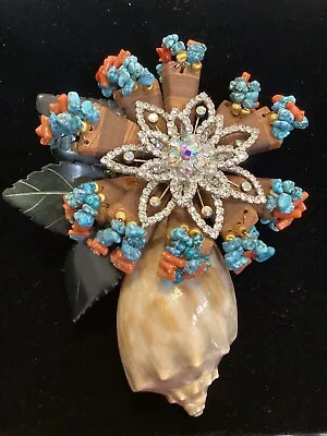 Lawrence Vrba Large Sea Shell Brooch/Pin Turquois Coral Center W/ Rhinestones • $350