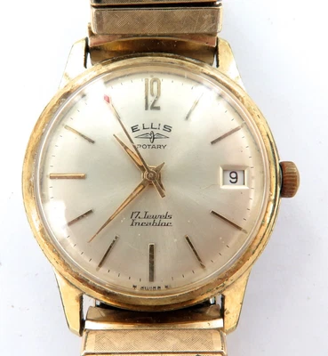 $1 • Buy Nice Dial / Scarce Ellis Rotary 17J Incabloc  Cal. 1901 Date Mens Watch.