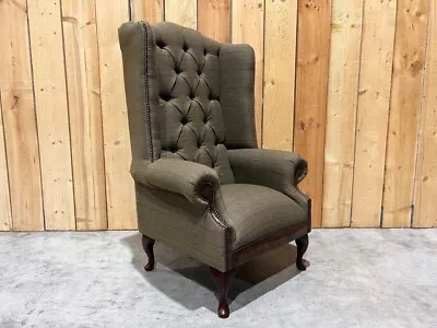Handmade Sage Green Tweed Wool & Leather Chesterfield Wing Chair High Back • £795