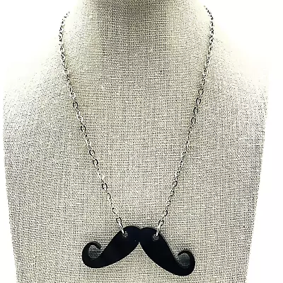 ZAD Handlebar Mustache Pendant Necklace Silver Tone Hipster Novelty Black • $9.99