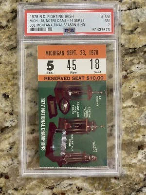 $130 • Buy 1978 PSA 7 Ticket Stub Joe Montana Final Season Notre Dame Michigan Pristine