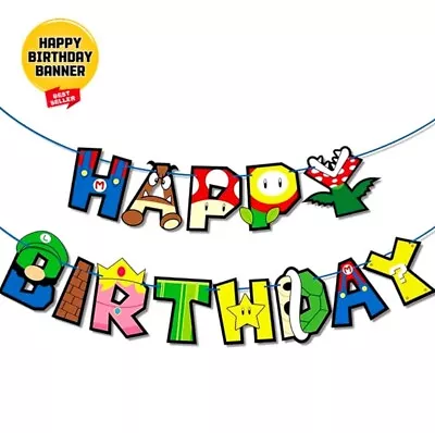 Mario Birthday Banner Yoshi Luigi Mario Party Super Mario Bros Decor • £3.99