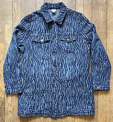 Chicos Denim Jacket Button Blue Vertical Wave Abstract Pattern Size 2 12/14 • $19.95