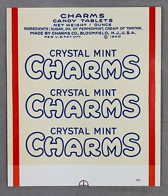 $29.95 • Buy 1942 Crystal MINT CHARMS CANDY Tablets Wrapper Label Vintage Advertising