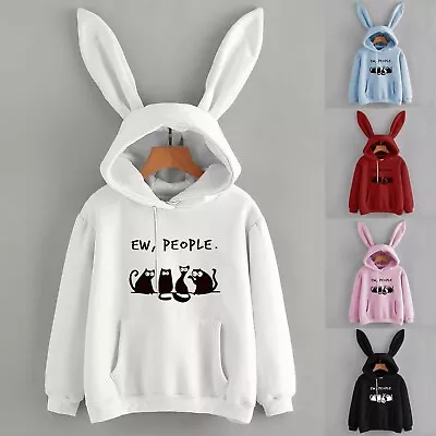 Women's Casual Fashion Cute Cat Print Rabbit Ear Long Sleeve Hoodie Pullover • $19.95