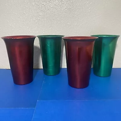 Vtg MCM Anodized Aluminum Tumbler Cups India Log Of 4 Red Green Christmas • $33