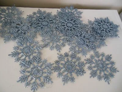 Vintage 19 Blue Glitter Snowflake Ornaments Gift Toppers Party Deco 3 7/8  Diam • $8.96