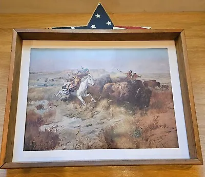 C M Russell  The Buffalo Hunt  Framed Canvis Print 17 Wide X 13 Tall In • $55.60
