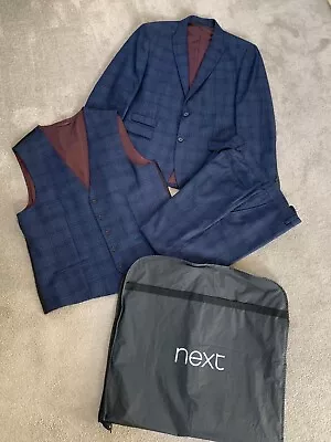 Next Blue Check 3 Piece Suit - Jacket 44R Waistcoat 46R Trousers 38R • £20