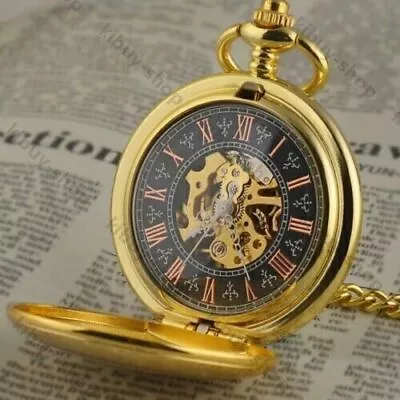 Mens Vintage Mechanical Pocket Watch With Fob Chain Luxury Gold Case Hand Wind • £18.69
