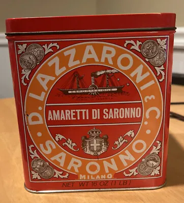 Large Vtg Metal Box D Lazzaroni Saronno Biscotti Red Tin Italy • $18.99