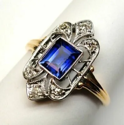 Vintage 3Ct Simulated Blue Sapphire Women's Art Deco Ring 14K Yellow Gold Over • $87.84