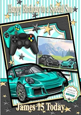 Personalised Birthday Card Gamer Green Sports Car Son Grandson Nephew Brother • £2.99