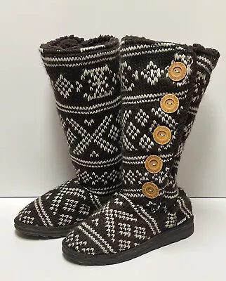 Muk Luks Tall Winter Boots Brown Cable Sweater Buttons Sherpa Lining Mukluks 8 • $12.99