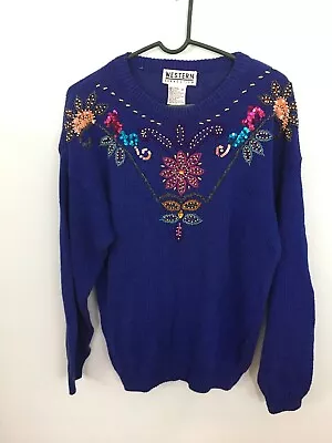 Western Collection Vintage Blue Beaded Ugly  Sweater Shoulder Pads Medium • $12.87