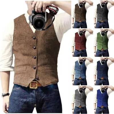 Mens Tweed Vest Western Vintage Cowboy Wool Herringbone Vests M Large XL XXL 3XL • $29.98