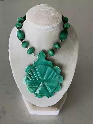 Vintage Carved MALACHITE Green  Gemstone Pendant  Beaded Necklace • $18.95