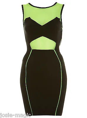 Miss Selfridge Green Black Sporty Bodycon Dress 14 42 Mesh Panel Cut Out New • £22