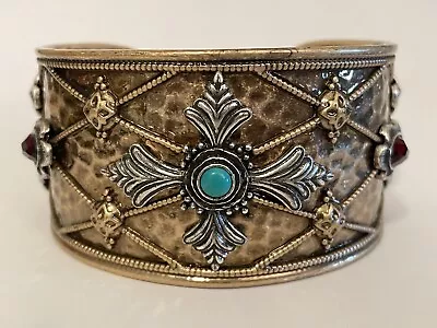 Signed Lucky Brand Maltese Cross Turqoise & Dark Red Stones 2 Tone Cuff Bracelet • $79.99