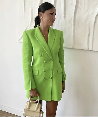 Bnwt Zara Neon Green Textured Double Breasted Blazer Dress Size Xs • £40
