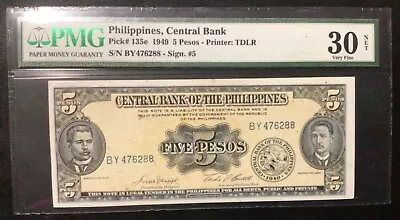 1949 Philippines Paper Money - 5 Pesos Pmg Certified Banknote! • $19.99