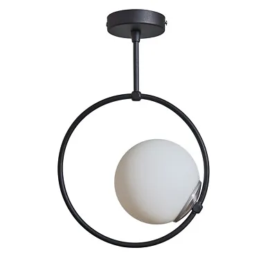 Industrial Ceiling Light Fitting Black Metal Hoop Pendant Glass Shade LED Bulb • £12.99