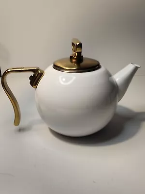 Vintage White Enamel With Cast Brass Teapot | Elegant Classic Kettle • $56.10