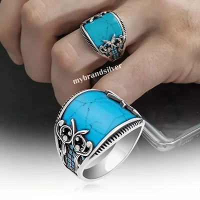 925 Sterling Silver Turkish Handmade Jewelry Turquoise Men's Ring All Size • $48