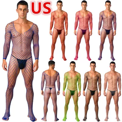 US Mens Fishnet Bodysuit Sexy Bodystockings Sissy Hollow Out Lingerie Jumpsuit • $3.43