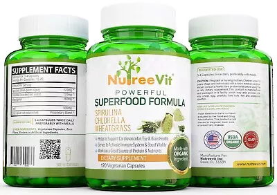 $14.85 • Buy PURE ORGANIC SPIRULINA + CHLORELLA + WHEATGRASS EXTRACT VEGGIE CAPSULES (500mg)