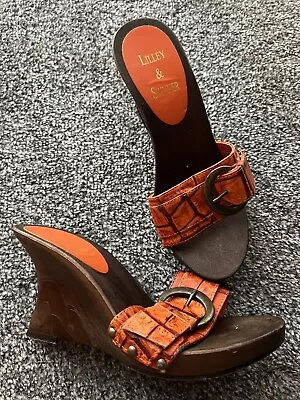 Lilley & Skinner Orange Wood Wedges Sandals Heels Size 4 ( 37 ) Vguc • £3.99