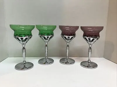 Set Of 4 Vtg. Farberware Cambridge Amethyst & Green Glasses With Chrome Stem • $34.99