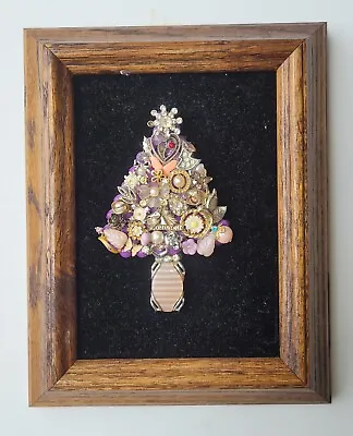 Christmas Tree Vintage Jewelry Art Hand Made Framed 1988 • $34.90