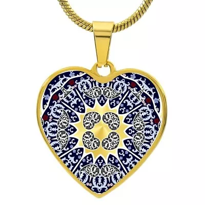 Graphic Heart Pendant + Necklace - Mandala Rosette Pattern • $39.95