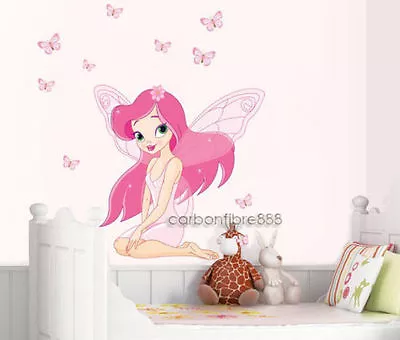 PINK FAIRY PRINCESS Butterflies Wall Stickers Nursery Vinyl Art Girls Room Decal • £8.96