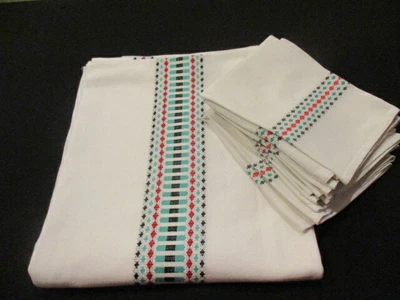 £50.40 • Buy Vintage French Tablecloth And Napkin Set. Scandinavian White Green Red