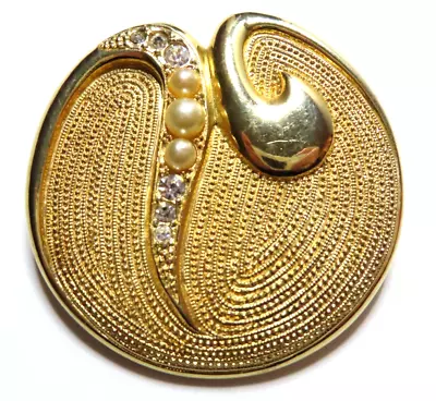 Vintage Venue USA Gold Tone Swirl Brooch Pin Faux Pearl & Rhinestones Signed • $15.50