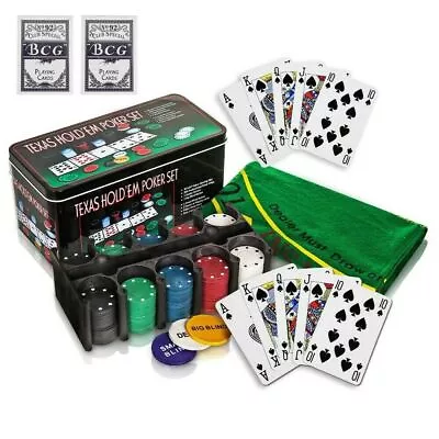 200 Poker Game Texas Hold'em Set Gaming Mat Chips 2 Decks Playing Card With Box • £13.99