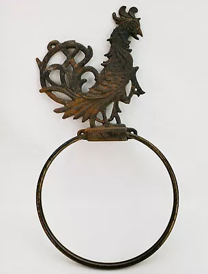Vintage Cast Iron & Brass Rooster Towel Ring Rustic Country Primitive Kitchen • $18.95
